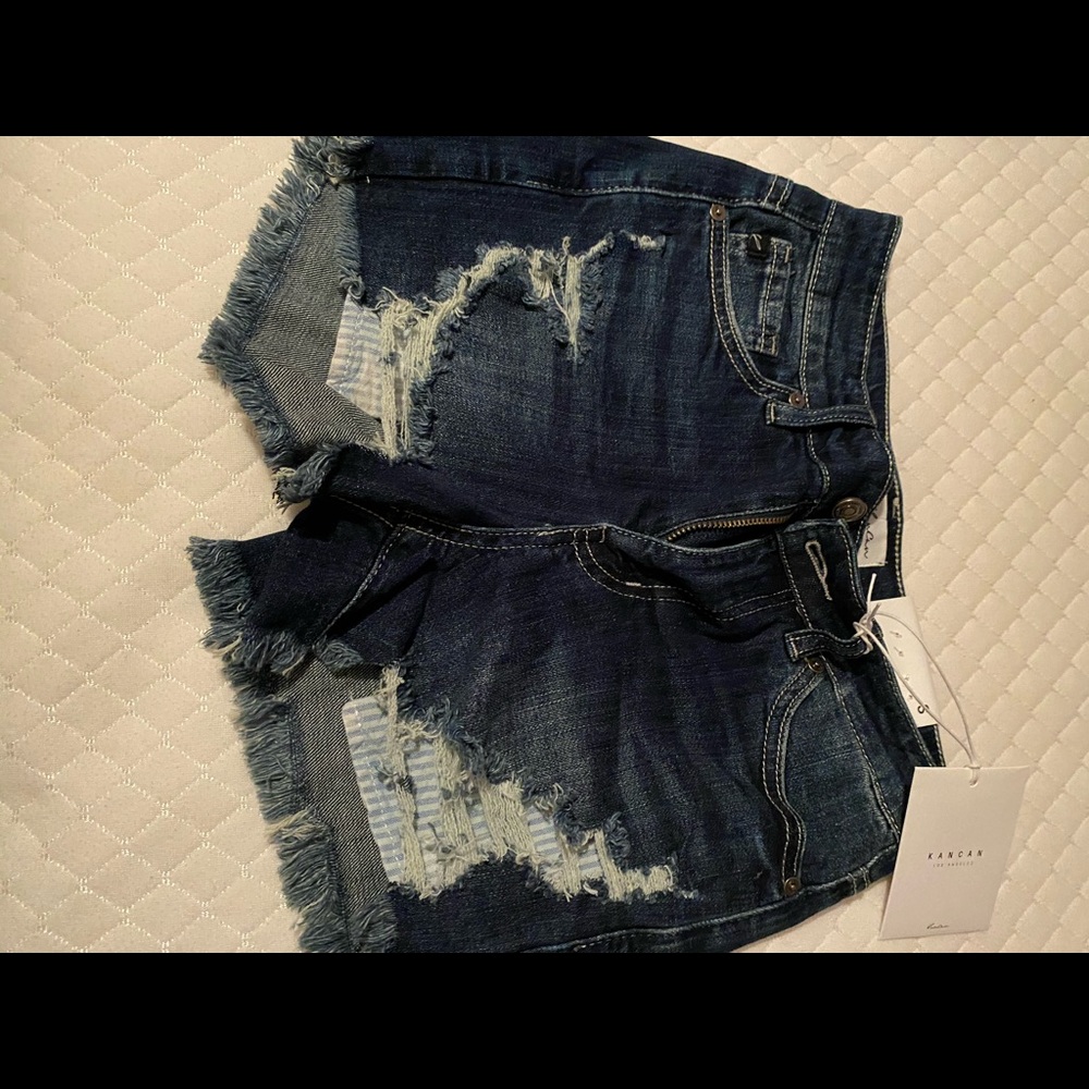 high rise distressed denim shorts